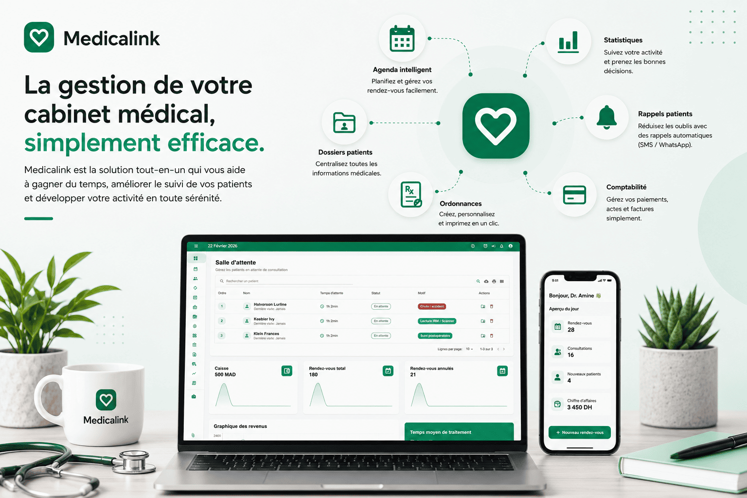 Interface Medicalink de gestion de cabinet médical au Maroc affichée sur ordinateur portable avec tableau de bord médical moderne, gestion des patients, rendez-vous et statistiques médicales