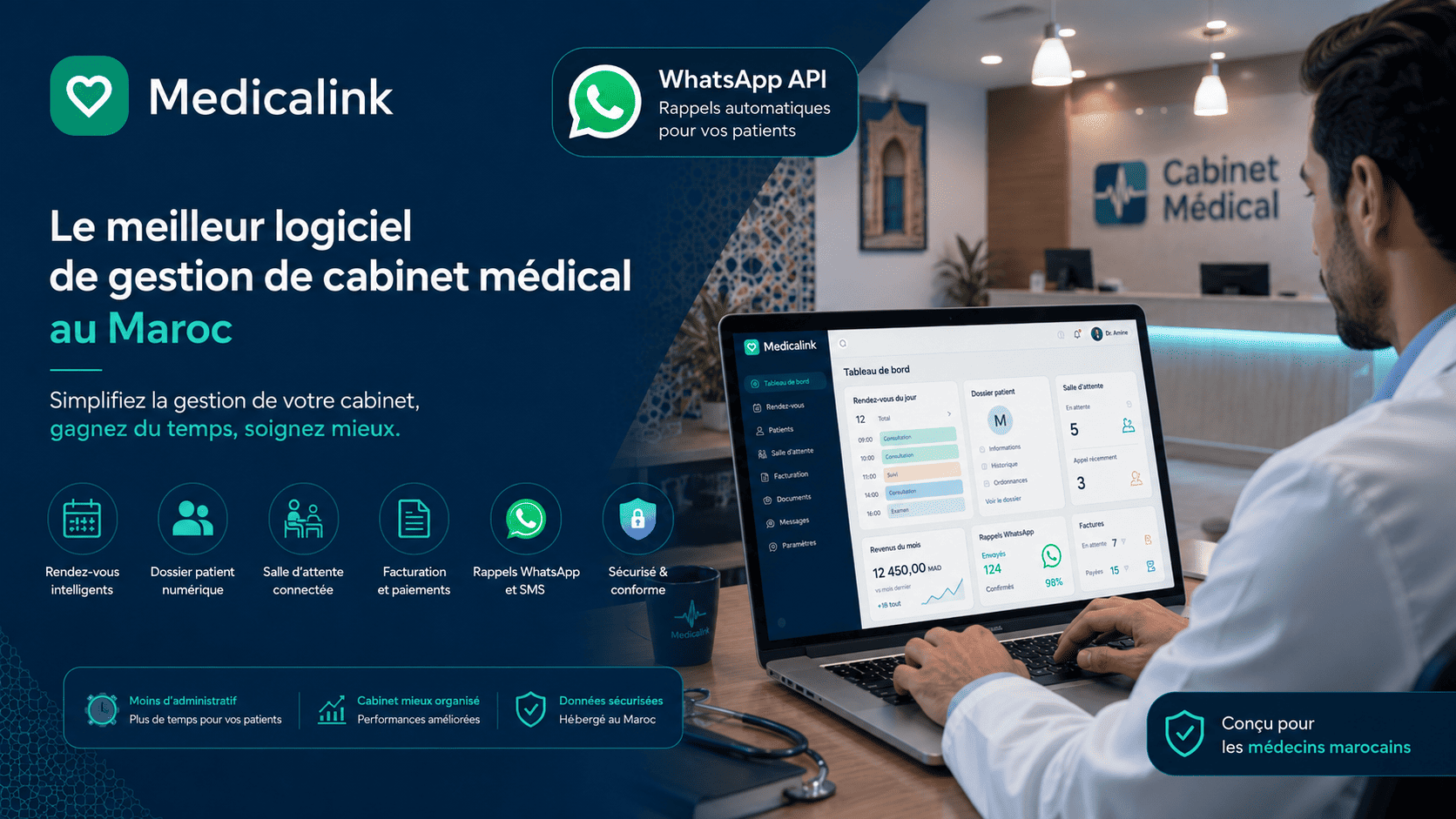 Médecin marocain utilisant un logiciel de gestion de cabinet médical avec agenda, dossier patient numérique et salle d’attente